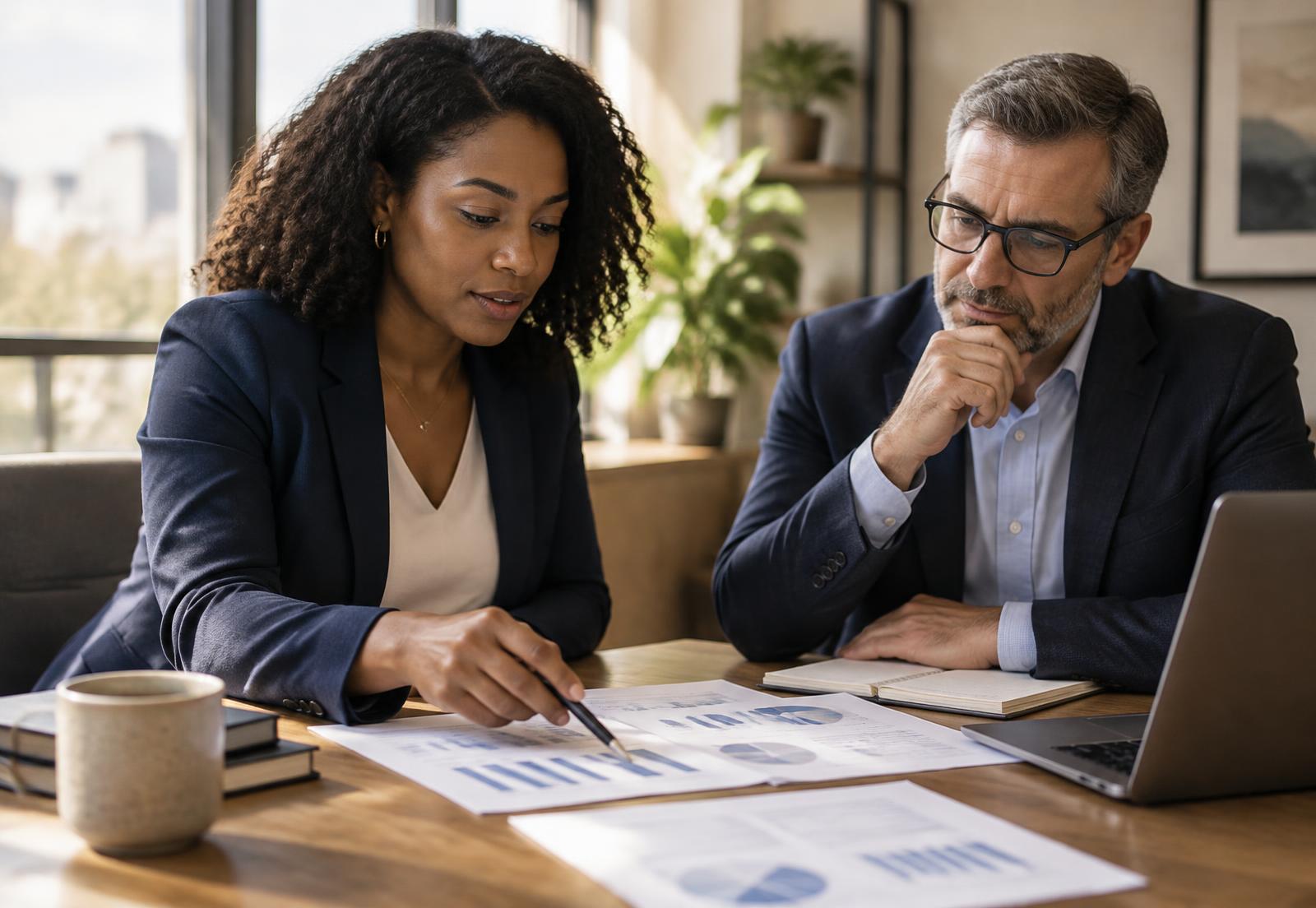 Two financial advisors reviewing reports together at a sunlit table
