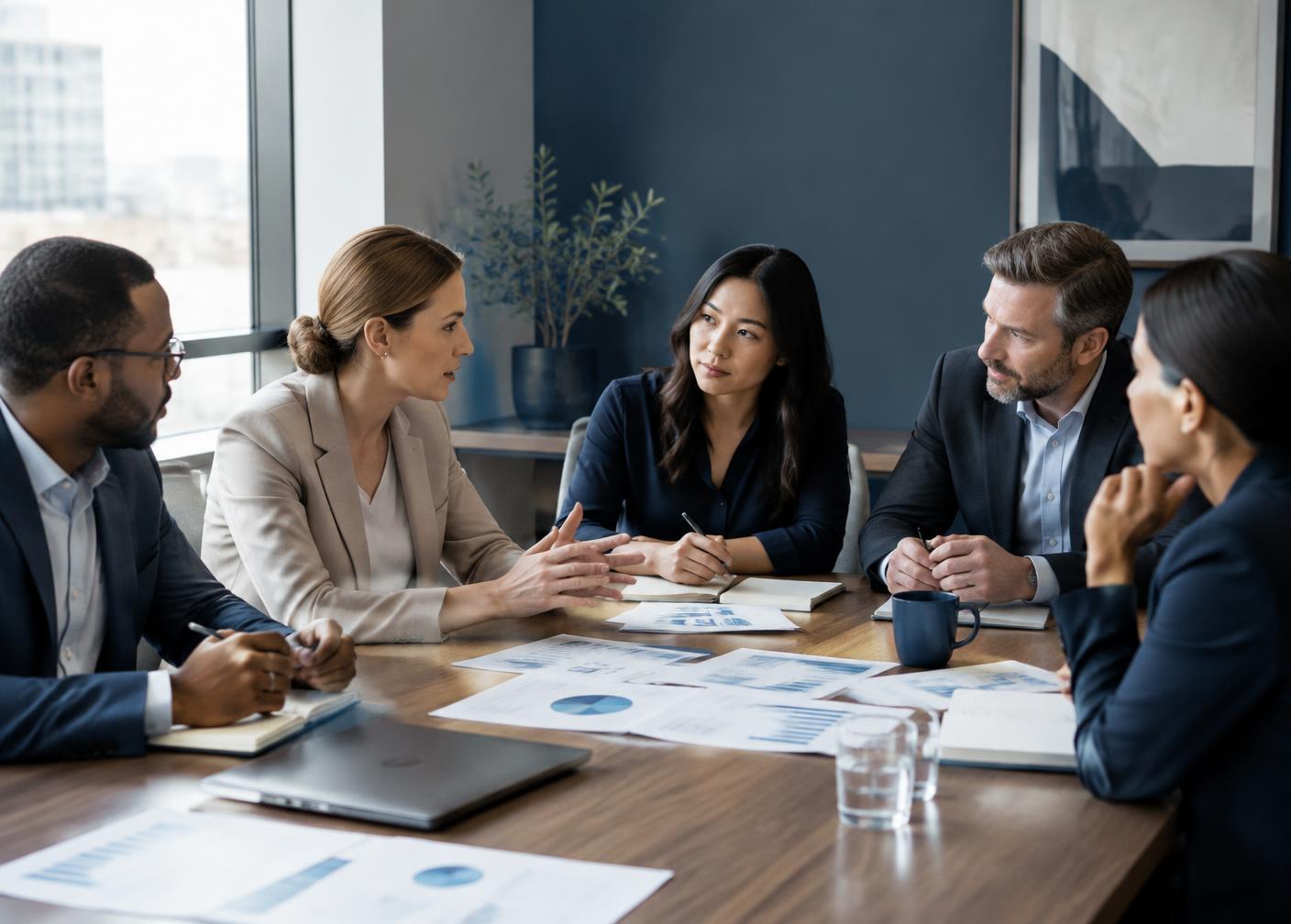 A leadership team discussing financial reports around a conference table