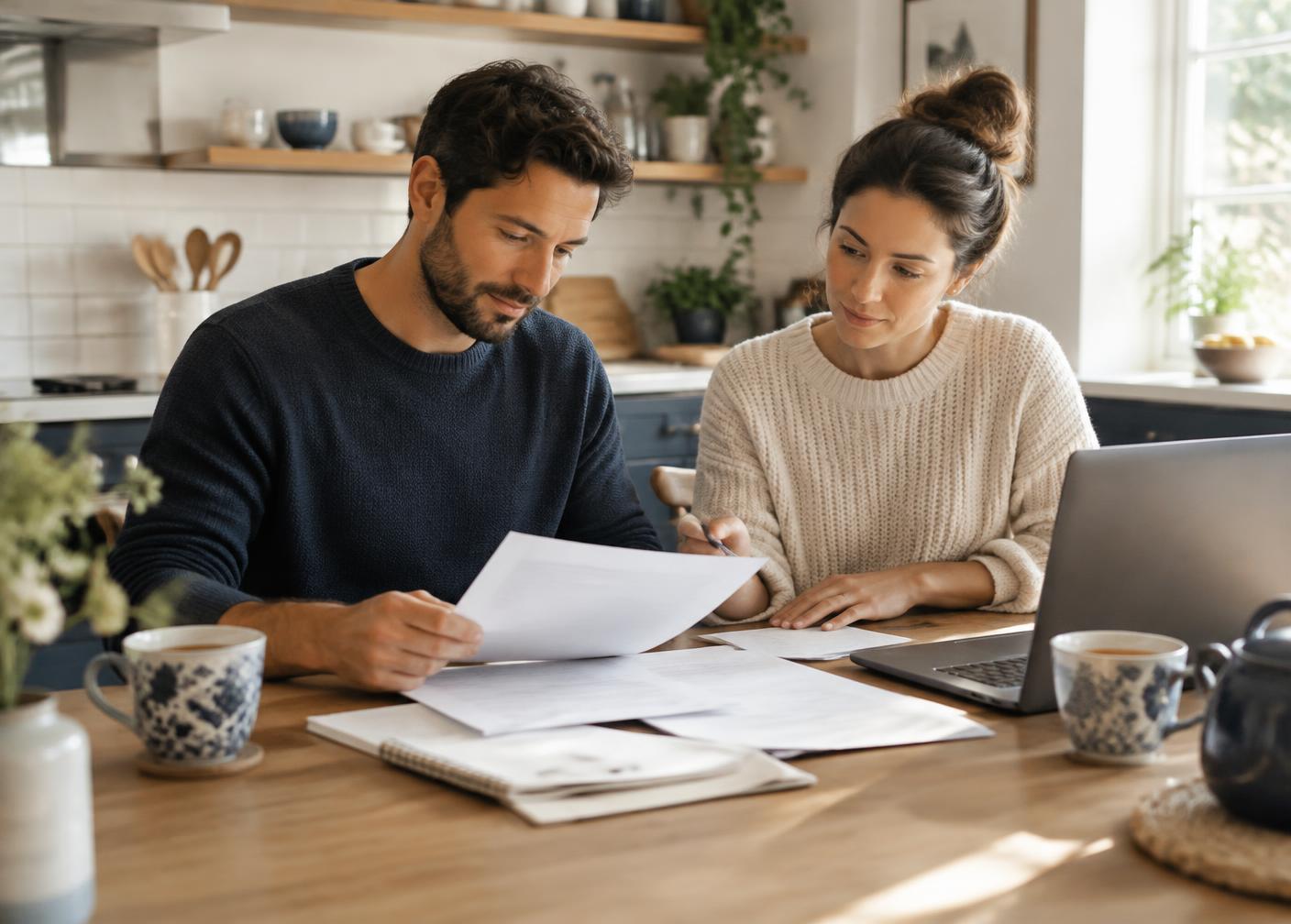 A couple calmly organizing household tax paperwork at a kitchen table